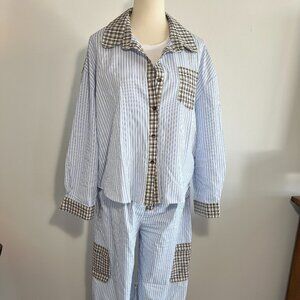 Women's PJ set.  Cotton/Poly Blend.  White/Blue stripe with plaid detail.  Large